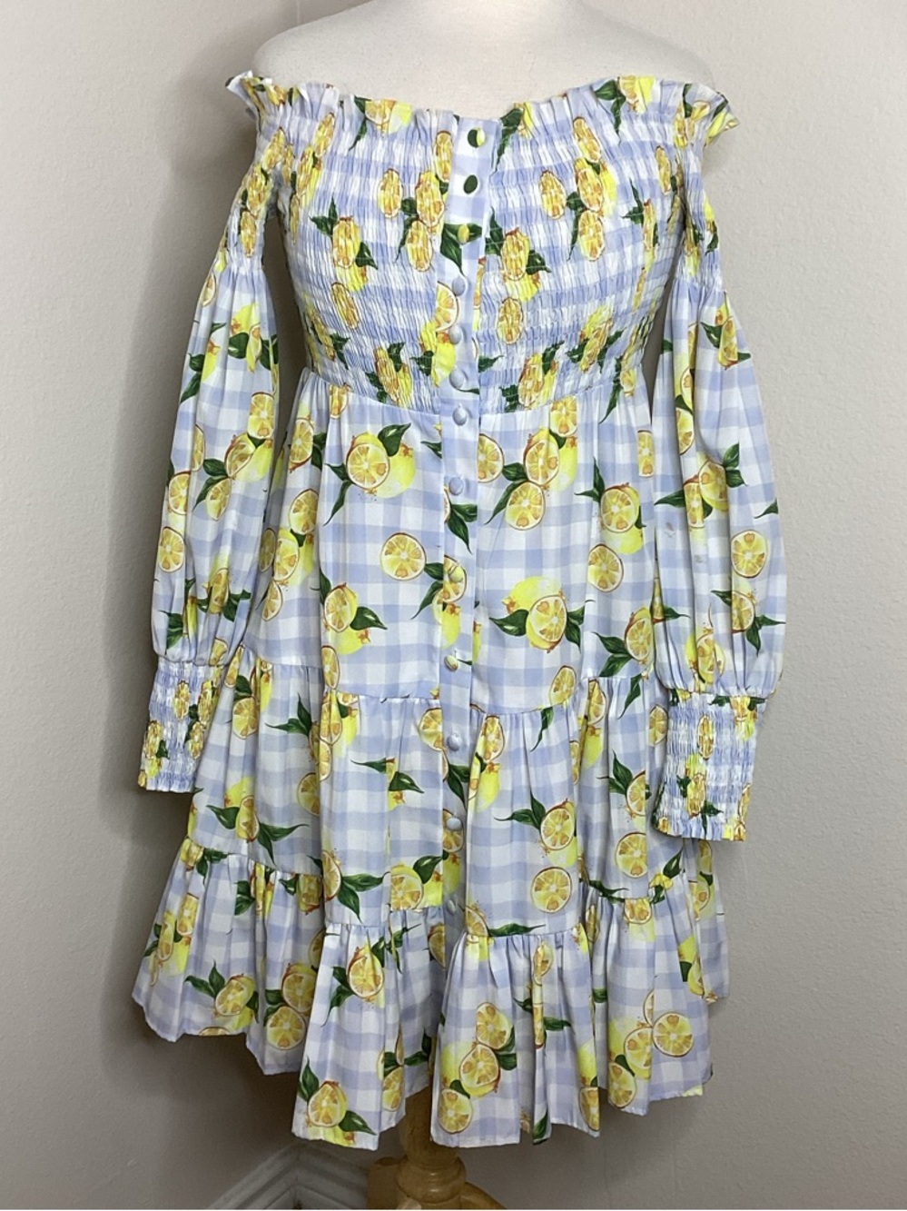 Kleid Smocked Top Dress Lemons Blue Gingham Med